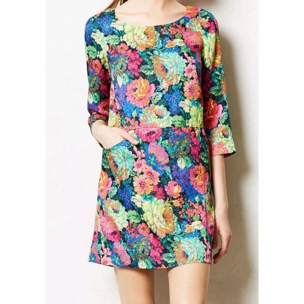 Anthropologie HD in Paris Tropicalist Floral Shift Dress Bright Neon Size Medium